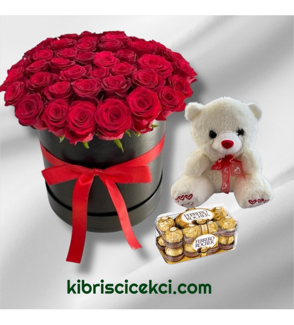 Kutuda 41 Kırmızı Gül Ayıcık 16'lı Ferrero Çikolata